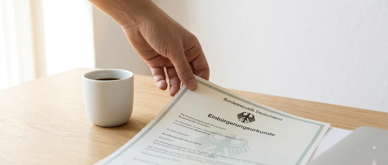 Hand greift nach deutscher Einbürgerungsurkunde auf Holztisch